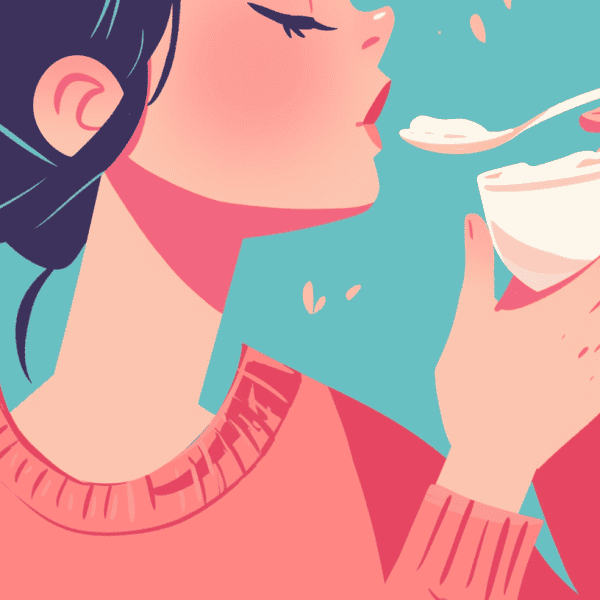 illustration of a woman enjoying yogurt, a natural source of probiotics.