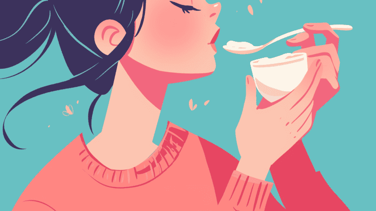 illustration of a woman enjoying yogurt, a natural source of probiotics.