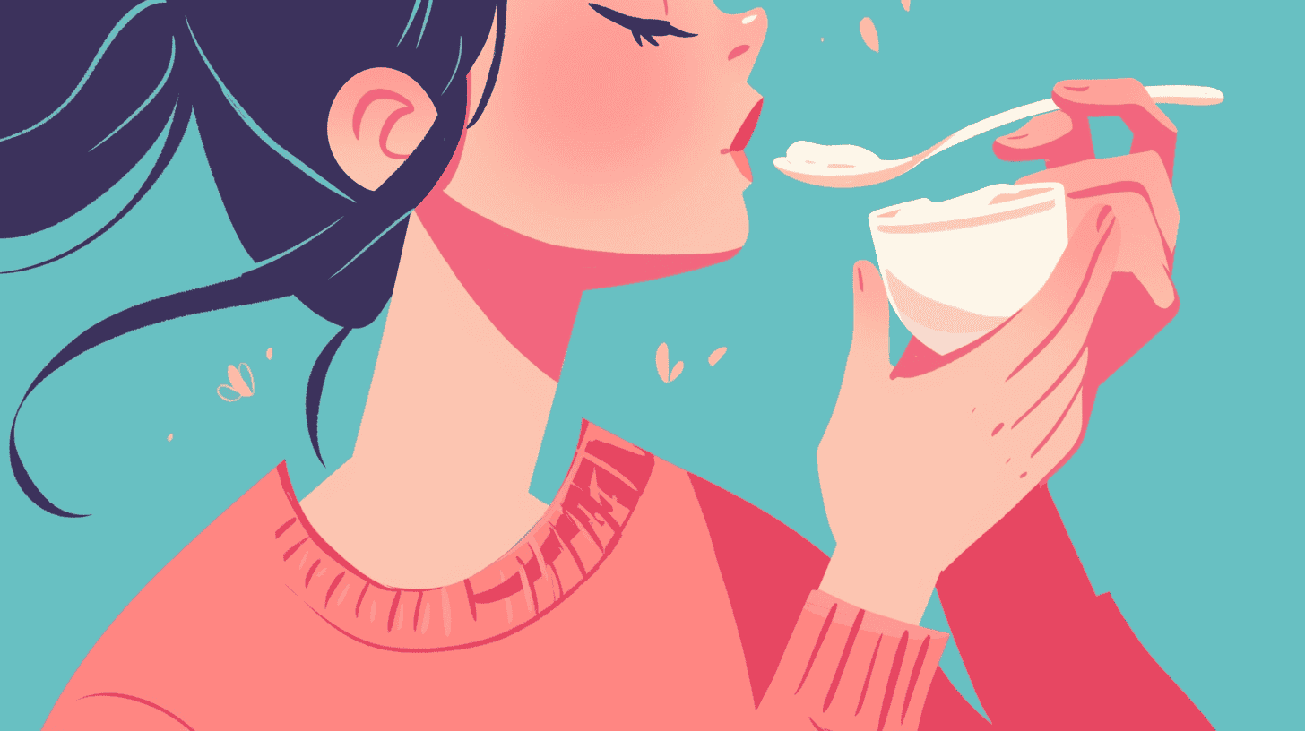 illustration of a woman enjoying yogurt, a natural source of probiotics.