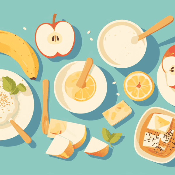 illustration of an assortment of probiotics and prebiotics foods: banana, apple, yogurt, and kimchi.