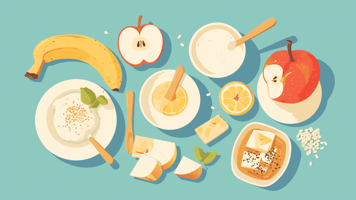 illustration of an assortment of probiotics and prebiotics foods: banana, apple, yogurt, and kimchi.
