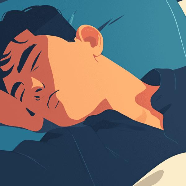 illustration of a man peacefully sleeping on a bed, with one arm under their head and the other resting beside them.