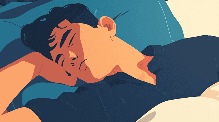 illustration of a man peacefully sleeping on a bed, with one arm under their head and the other resting beside them.