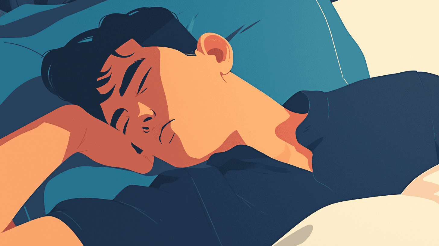 illustration of a man peacefully sleeping on a bed, with one arm under their head and the other resting beside them.